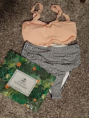 Cupshe Peach Top with Black & White Striped Bikini Bottom